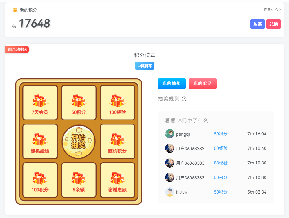 Zibll主题抽奖插件(积分可通过签到获取)-淇云博客-专注于IT技术分享